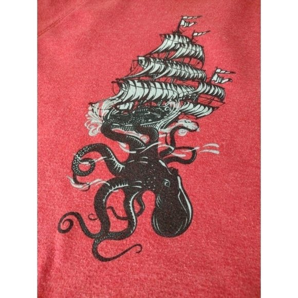 Easy Wear red distressed sweatshirt with ship/kraken sea scene - Picture 3 of 12